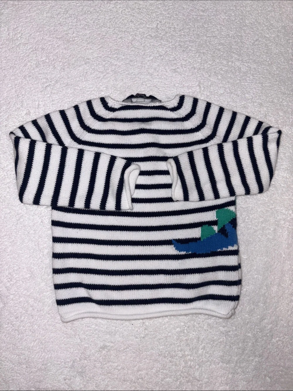 Joules Navy & White Striped Sweater with Blue Dinosaur 6/9m